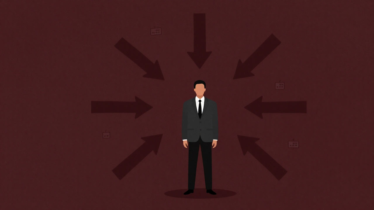Business scene where a person is surrounded by 360-degree arrows and countless feedback icons flying around