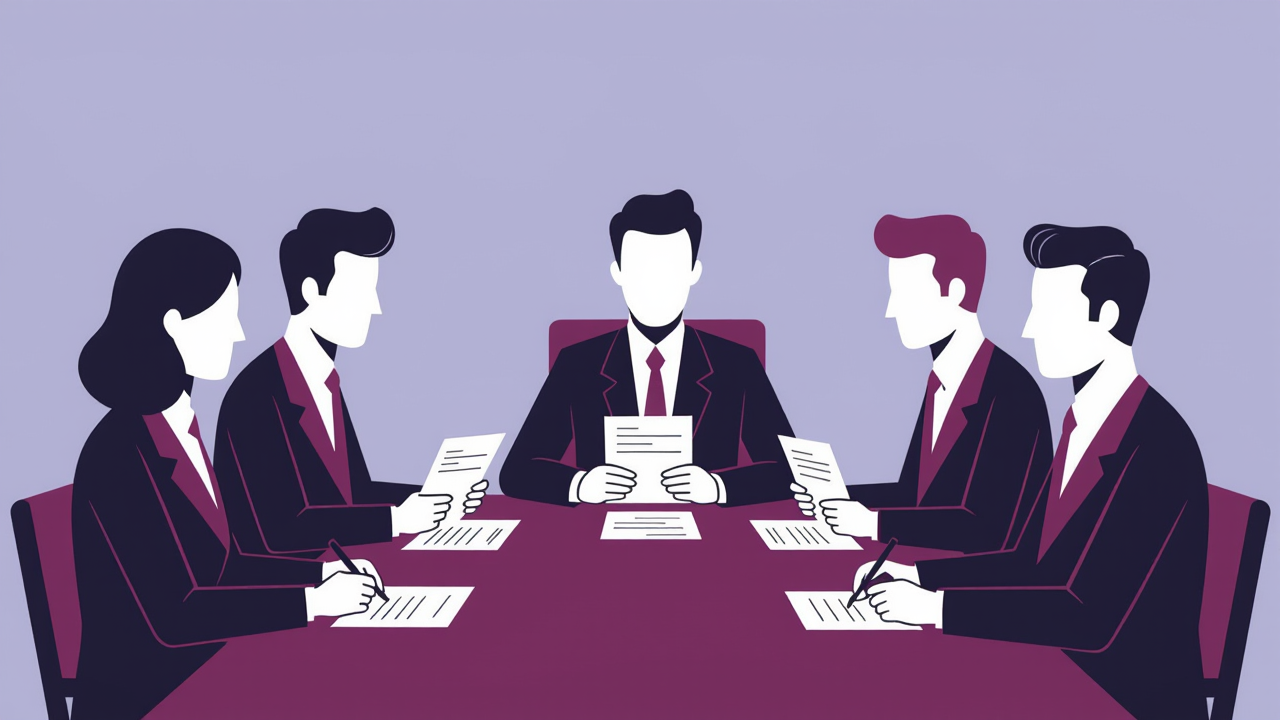 会議室で無表情の社員たちが机を囲み匿名のフィードバック用紙を見つめるイラスト