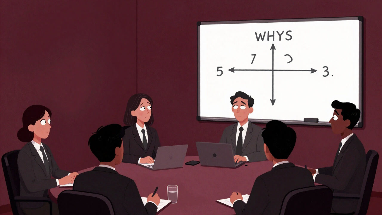 会議室のホワイトボードに5 Whysの図を描きながら白目をむくメンバーたち