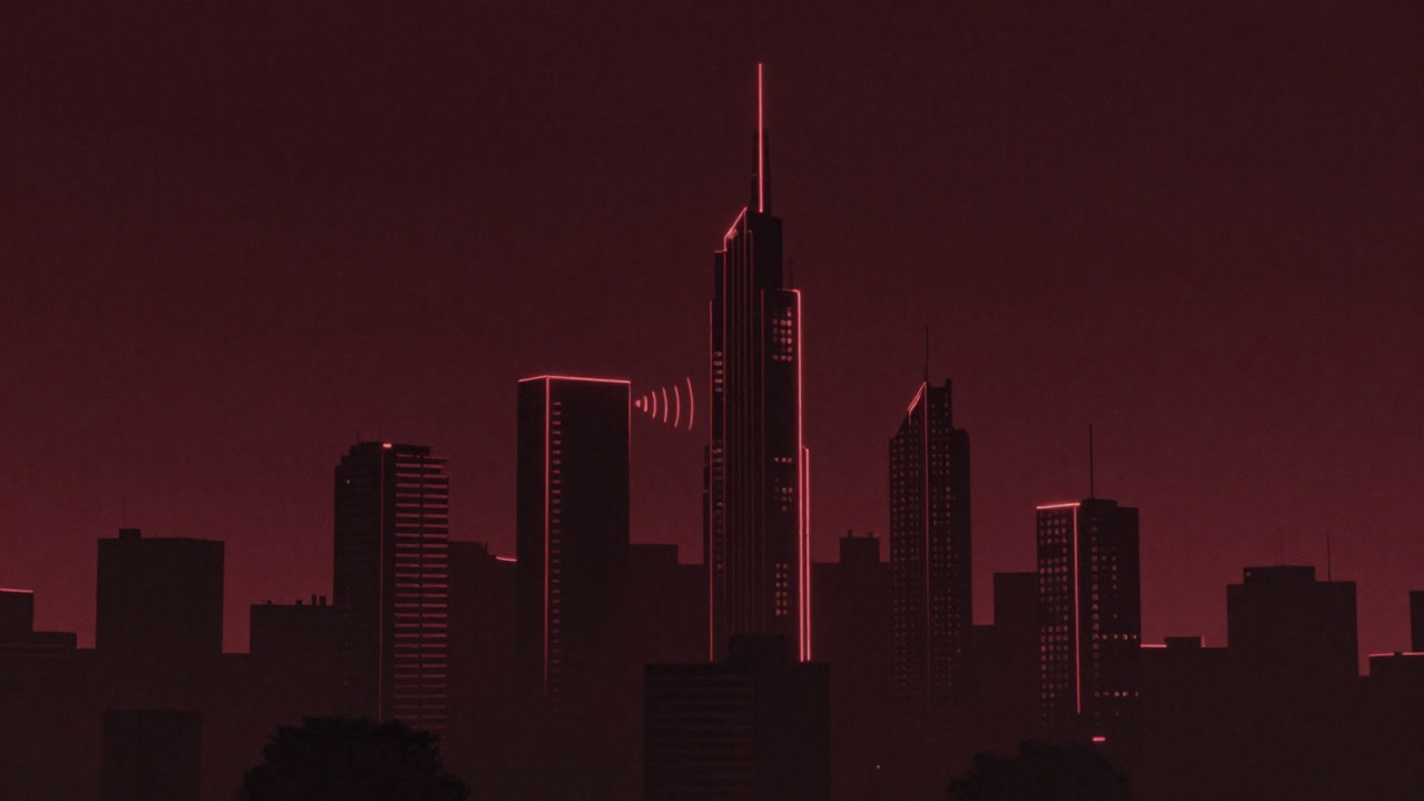 Illustration of futuristic radio waves streaking through the night sky above a city skyline