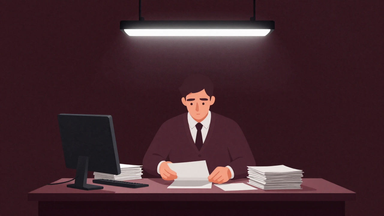 Illustration of an employee neatly sorting a mountain of paperwork at a desk.