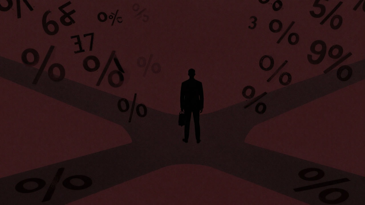 Silhouette of a marketer standing before a forked path with chaotic numbers floating behind