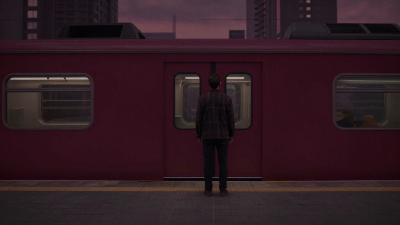 Silhouette of a person standing alone on an empty train platform, watching the train doors close behind