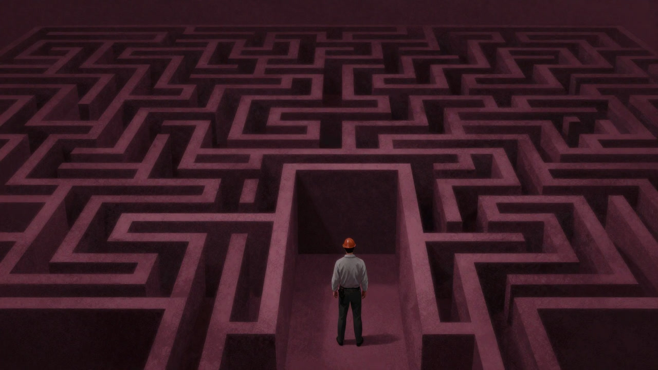複雑なIF文が無数に絡み合う巨大な迷宮の入口に立つエンジニアのイラスト