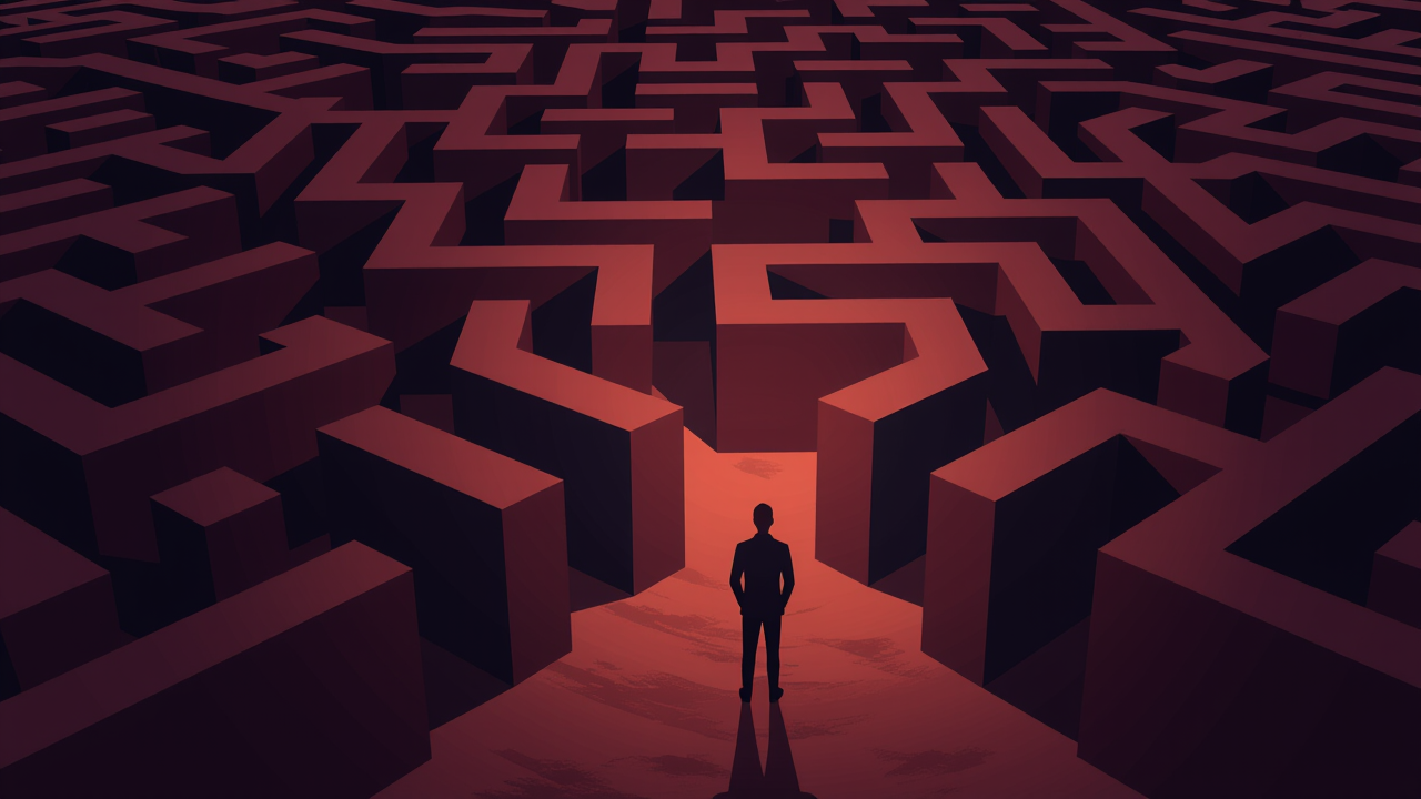 Illustration of an engineer standing at the entrance of a massive maze formed by countless intertwined IF statements.
