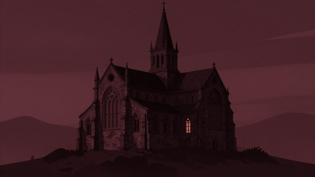 Majestic view of an abbey atop a misty hill