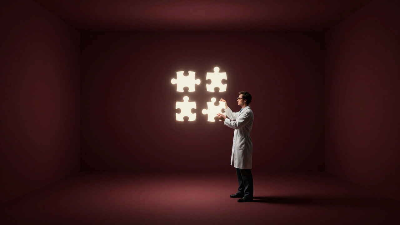 暗い部屋で断片的なパズルピースをつなぎ合わせる研究者のシルエット