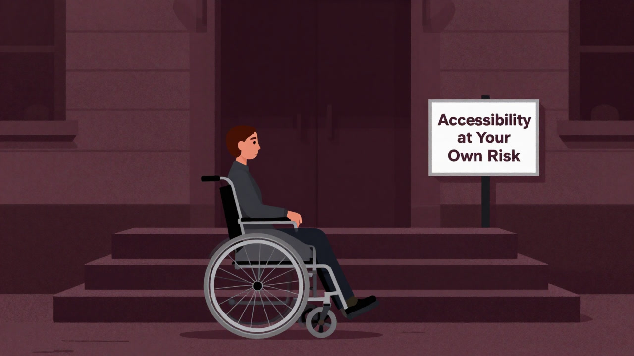 Illustration of a wheelchair user standing before a stepped entrance, with a sign watching from afar.
