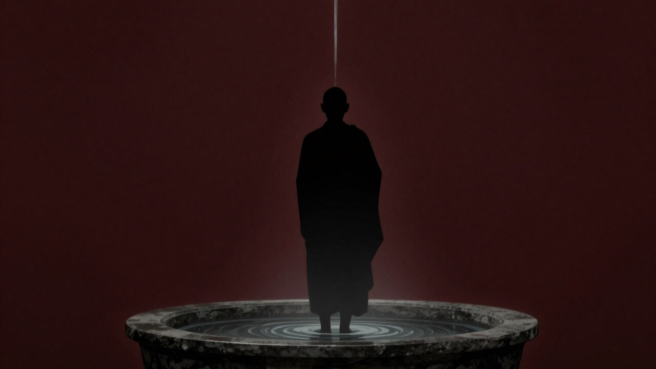 細い細流に身を浸す僧侶のシルエットが、淡い光に浮かび上がる沐浴場の画像