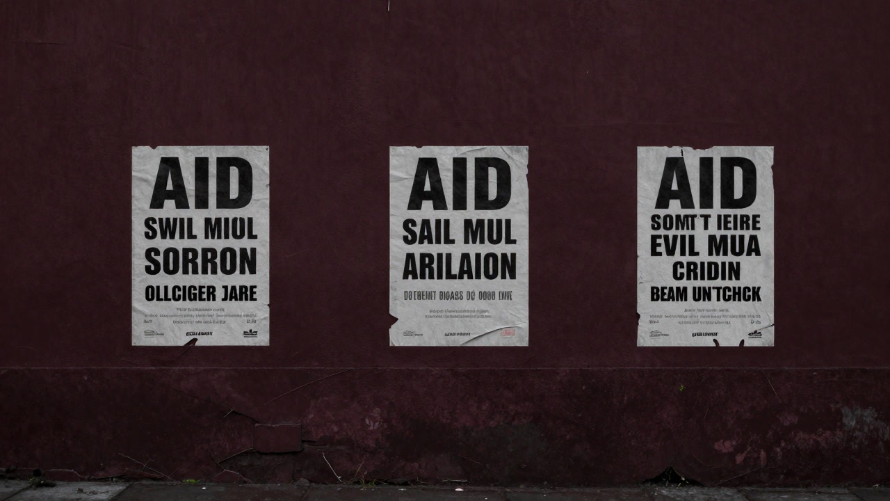 薄暗い貧困地域のハガレた壁に貼られた支援物資の募集ポスターの画像