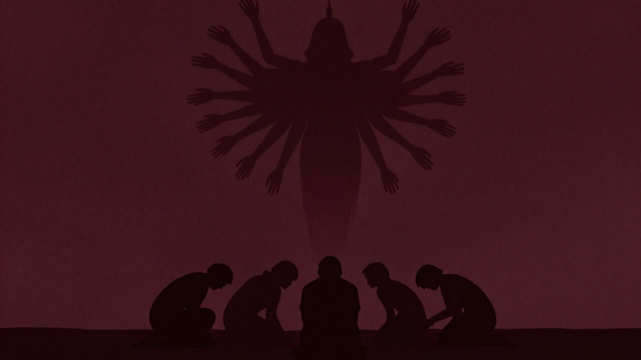 無限に伸びる手が天から降り、ひれ伏す人々を一つにまとめる架空の絶対者像の印象的なイラスト