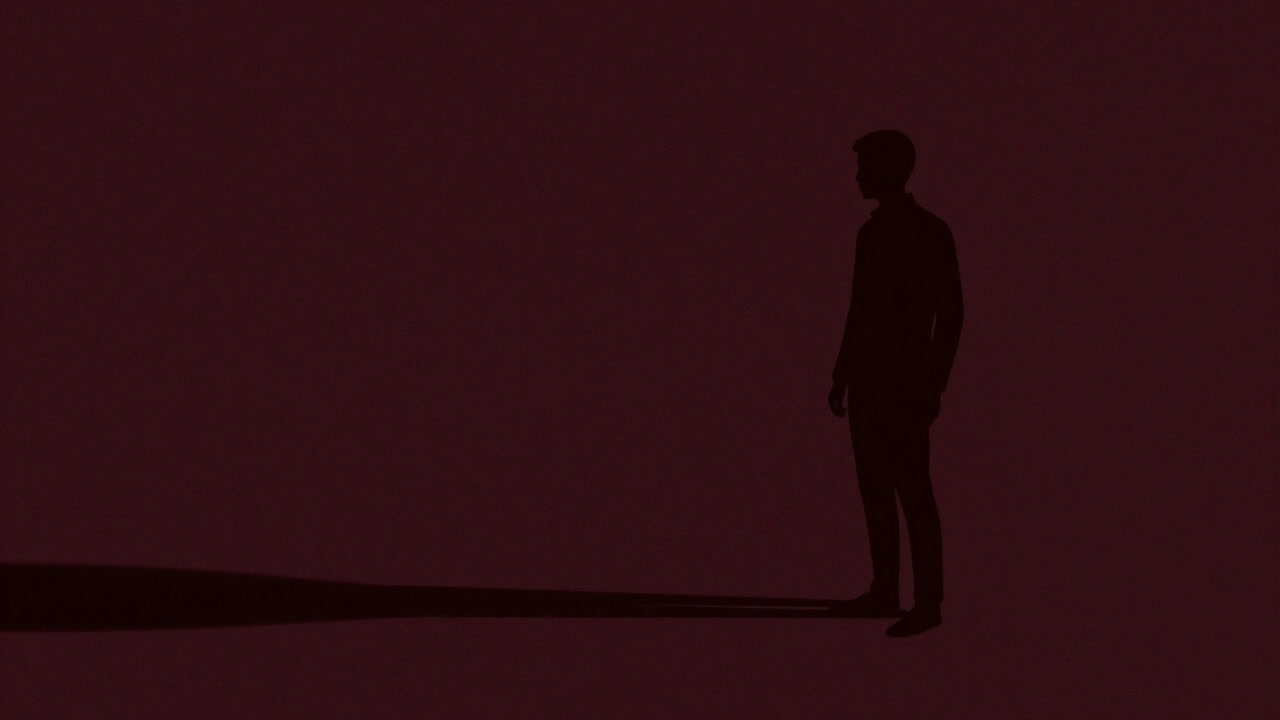 Silhouette of a human figure being sucked into an endless virtual space