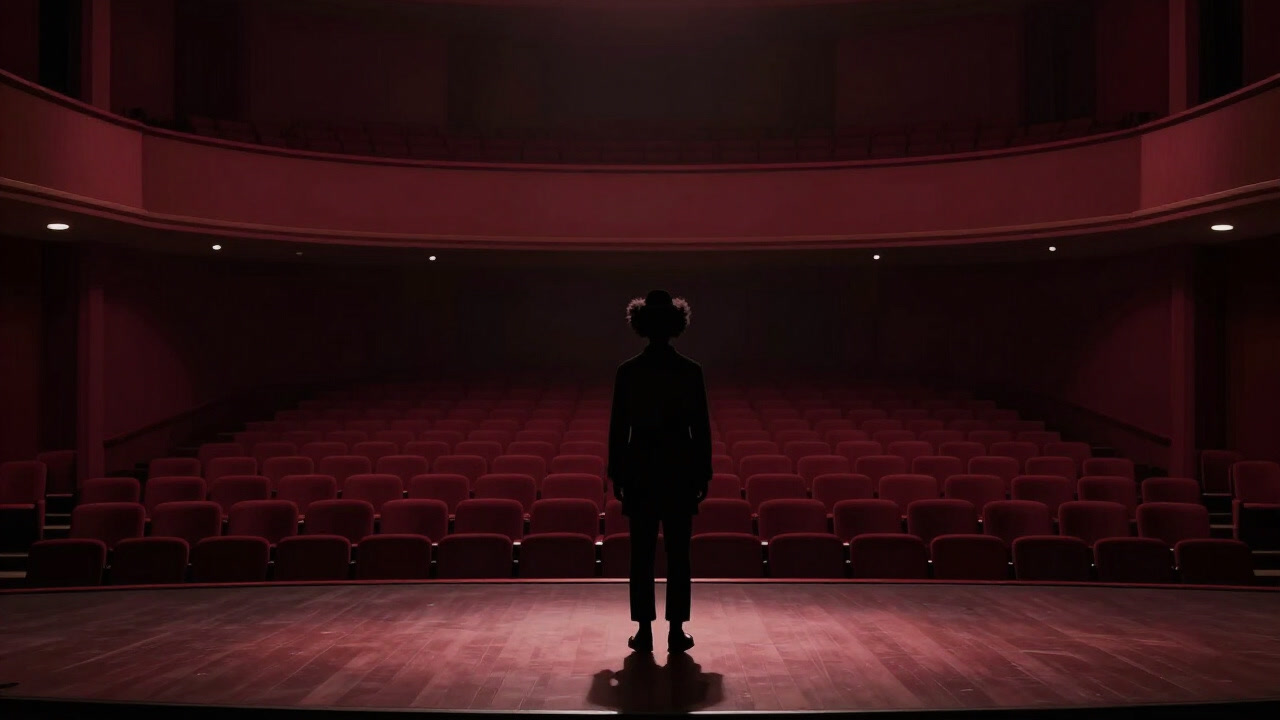 Silhouette of a lonely clown standing on a dark stage, staring into empty audience seats