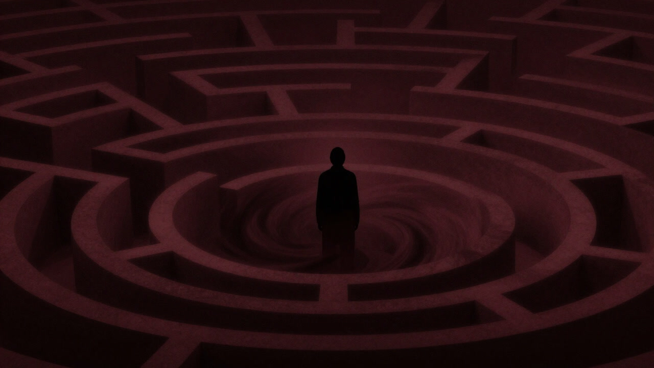 Silhouette of a person engulfed by darkness as if trapped in a deep labyrinth