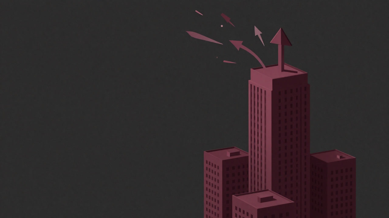 小さなスタートアップを巨大なビルに押し上げるカラフルな矢印が飛び交う抽象的イメージ