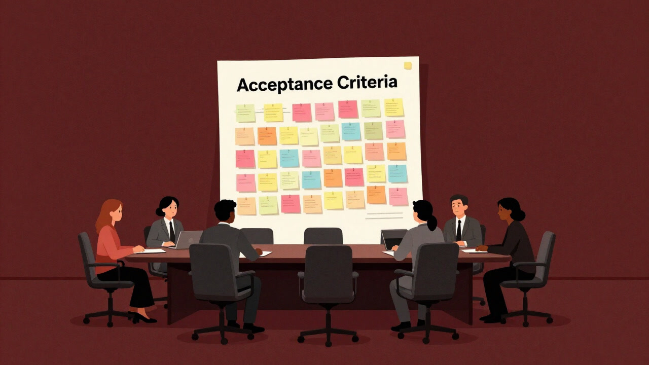 会議室のテーブルを取り囲むプロジェクトメンバーと、中央に無数のポストイットで埋め尽くされた『受け入れ基準』の大きな紙