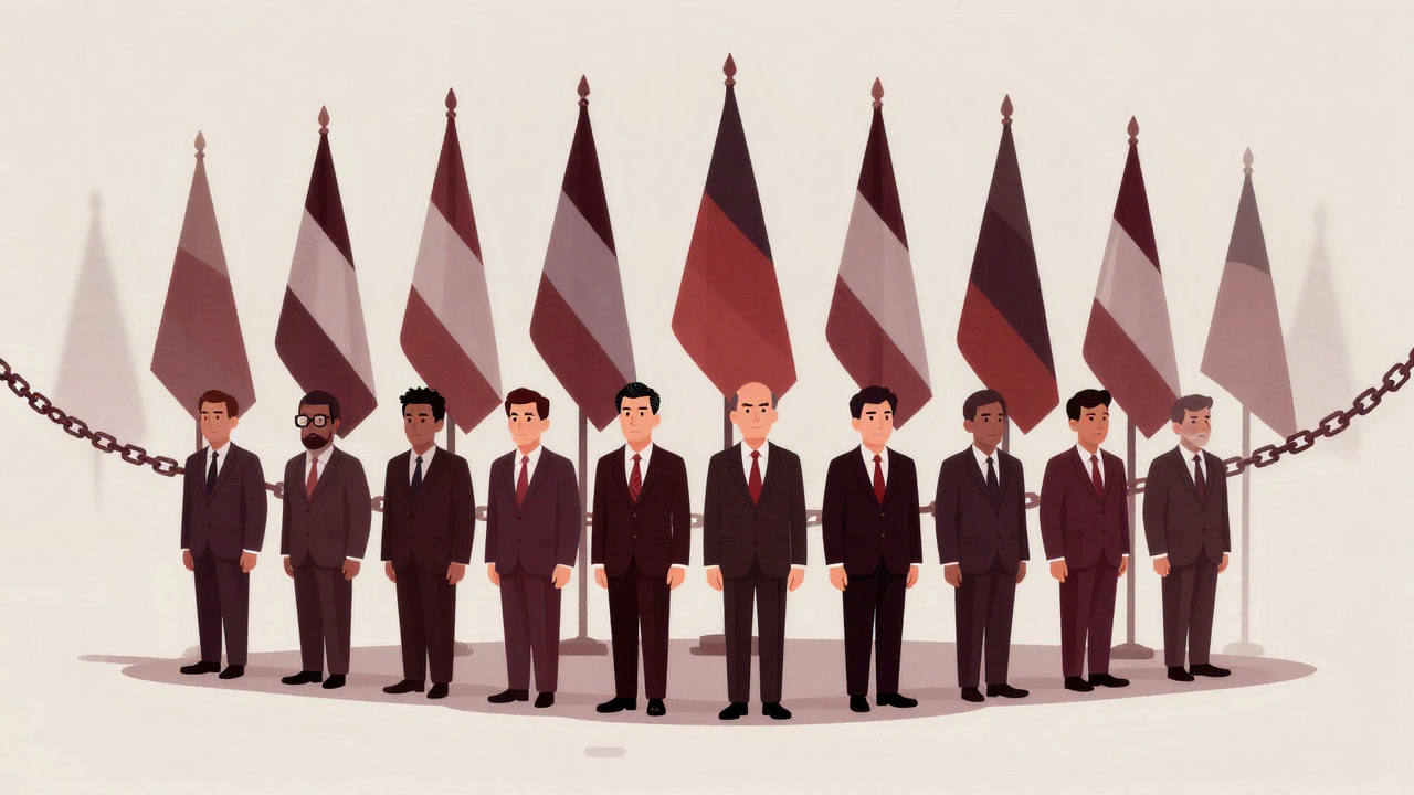 Silhouette of politicians standing stiffly before a row of multinational flags