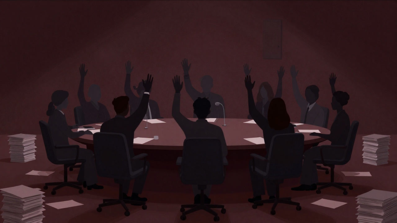 Silhouette of people in a conference room raising the same hand, buried under piles of paper