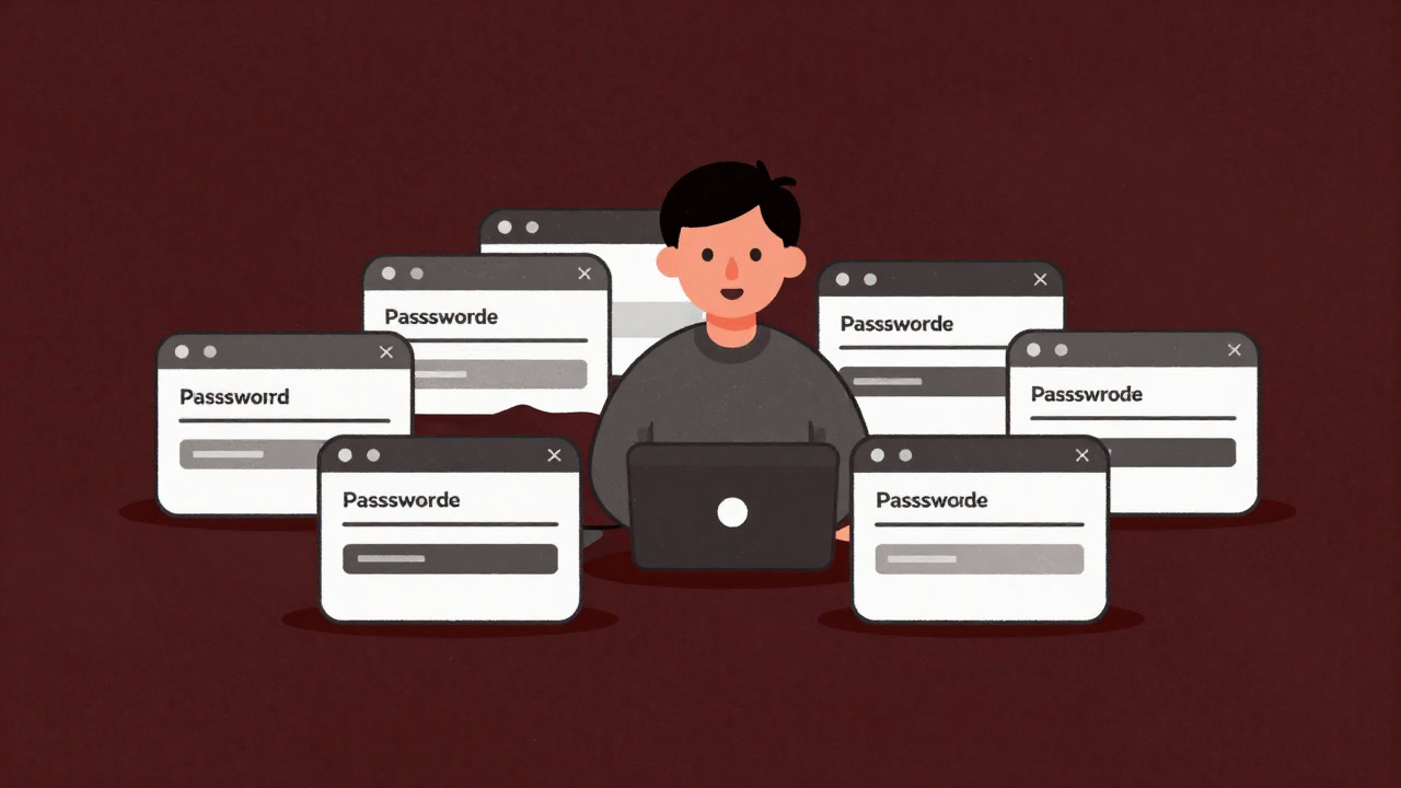 User buried under piles of IDs and passwords in front of a monitor