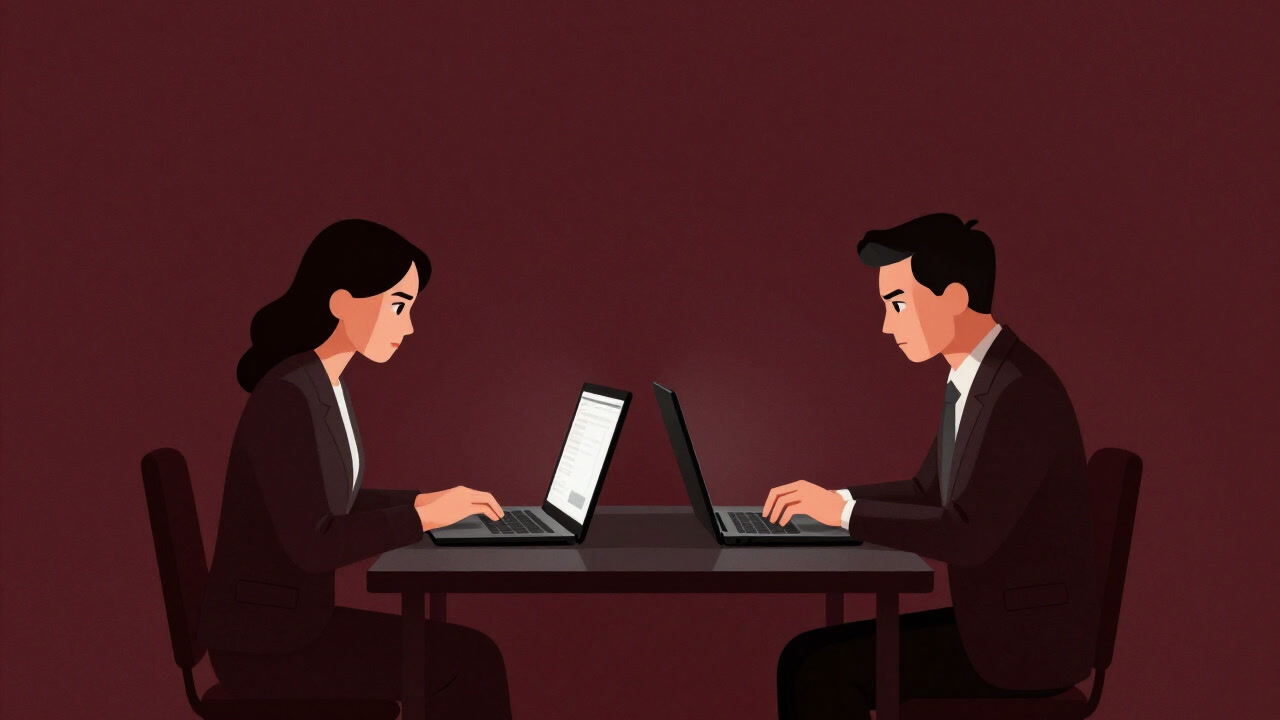 デスク越しにお互いの進捗をチェックし合い、緊張感漂う二人の人物を描いたイラスト