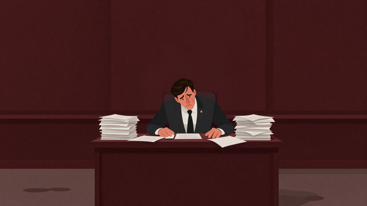 Illustration of a politician buried under a pile of documents at a desk like a muddy courtroom.