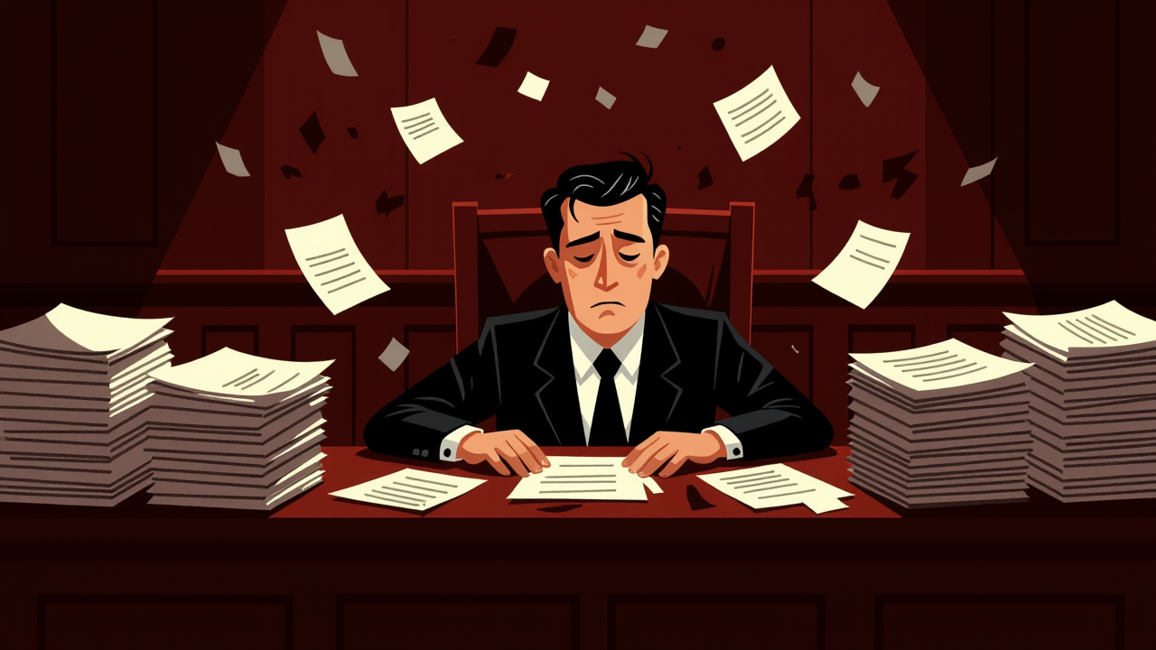 泥まみれの裁判所のように書類の山に埋もれたデスクに座る政治家のイラスト