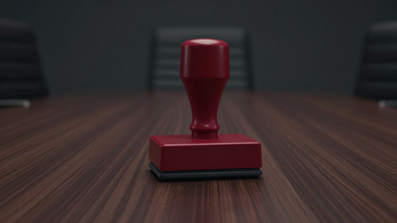 Image of an oversized red ink stamp ominously placed on a conference room table, exuding bureaucratic intimidation.