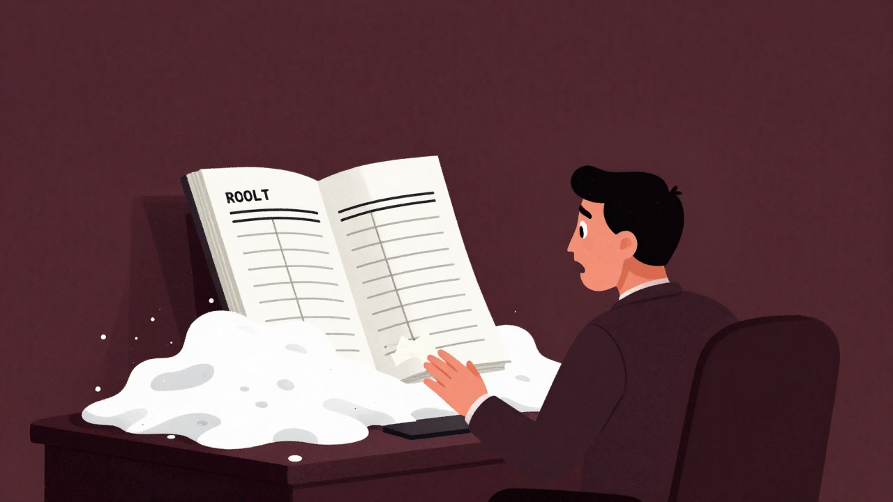 帳簿の中に雪崩のように積み上がる売掛金の山を前に呆然とする会計士のイラスト