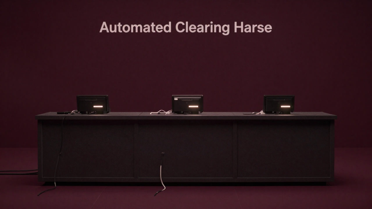 夜の銀行サーバーとLEDが暗闇でほのかに光る、ACHの象徴的なイメージ