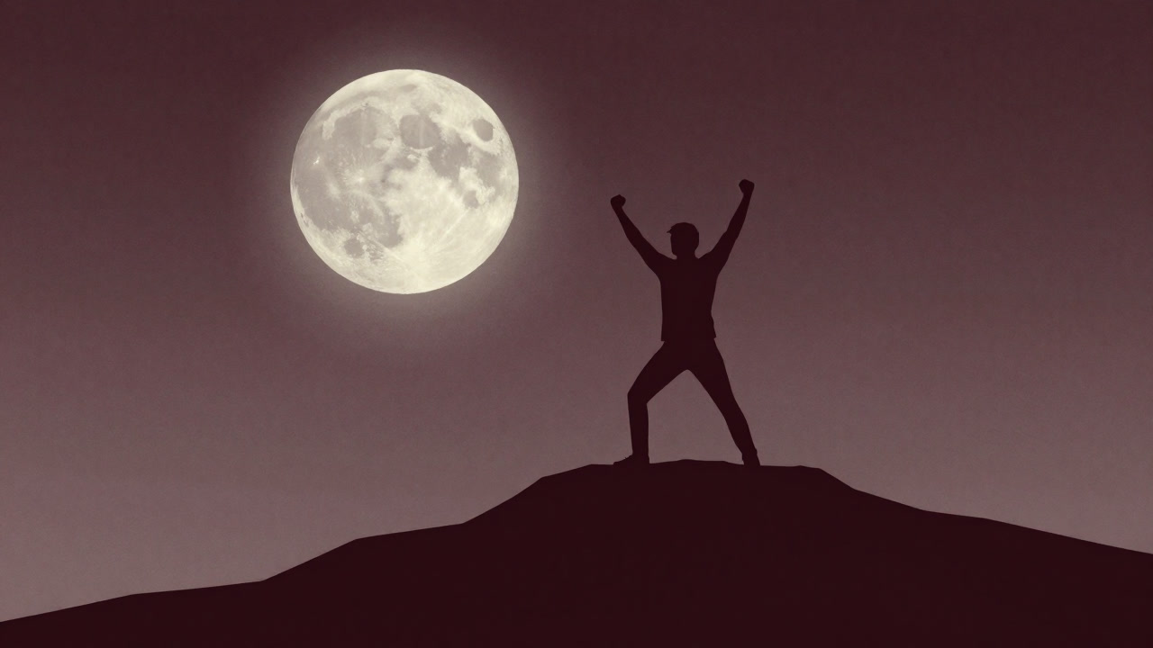 月明かりを背に山頂でガッツポーズをする人物のシルエット