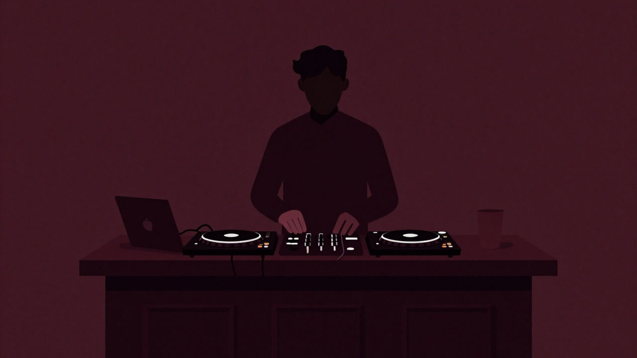 薄暗いラウンジバーで、無表情のDJブースから流れるアシッドジャズが空気に溶け込む様子のイラスト