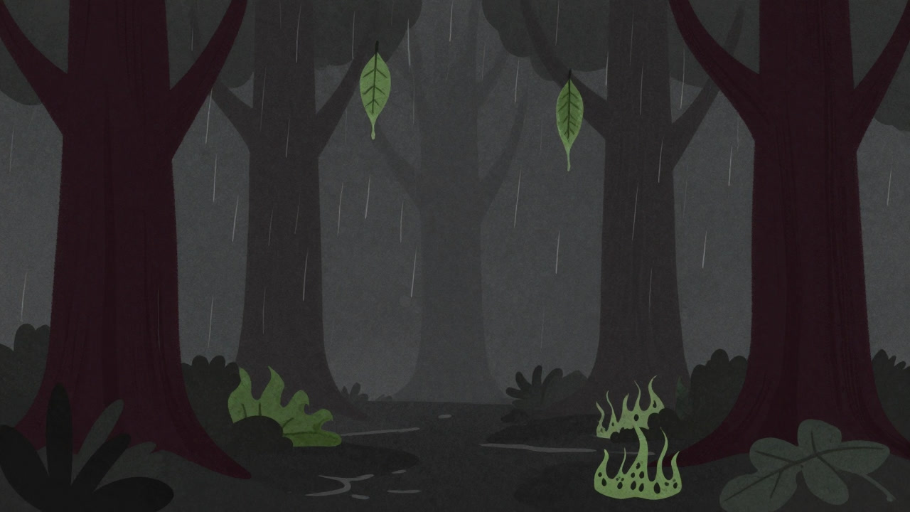 灰色の空から降りしきる化学成分に浸食された雫が葉を破壊する様子