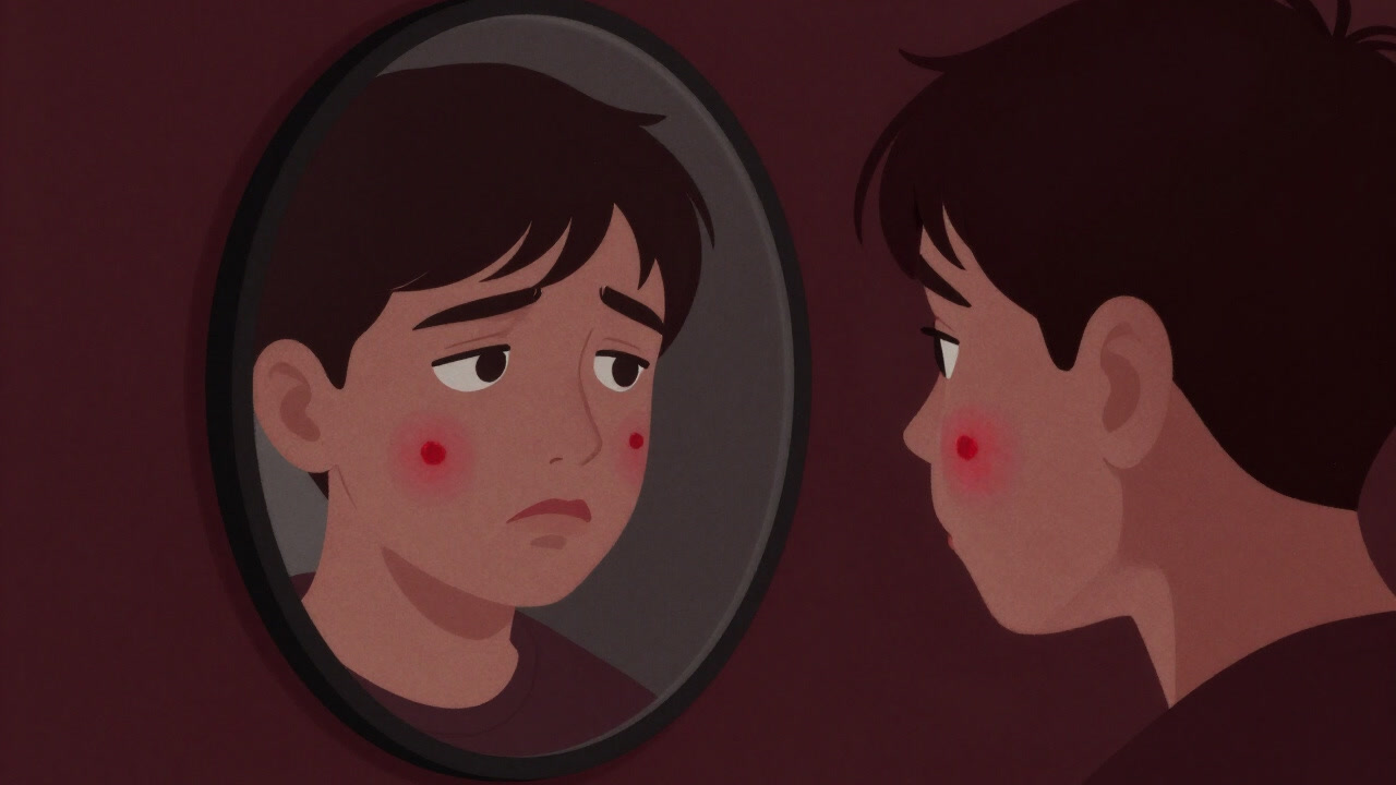 Close-up of a young person gloomily looking at a red pimple in the mirror