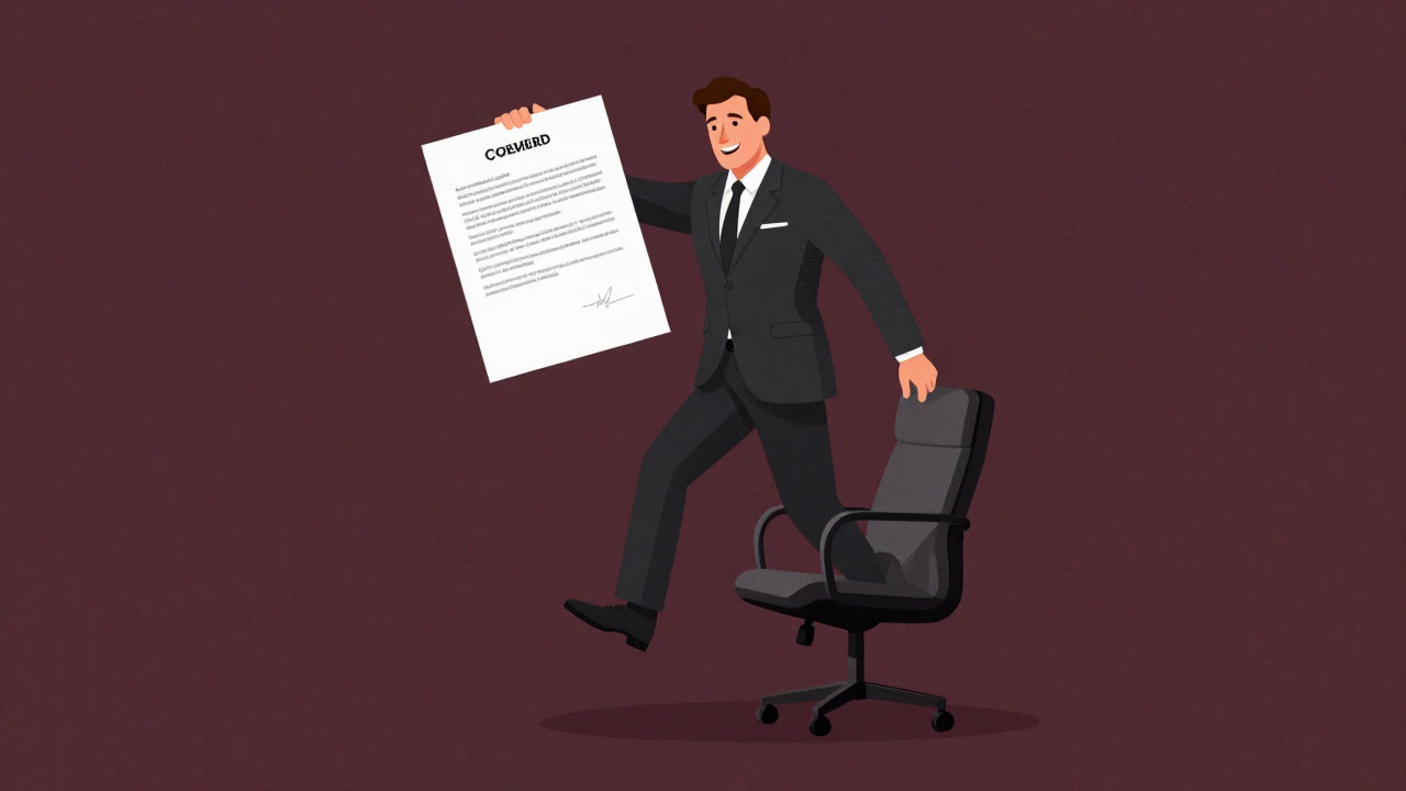 Illustration of a businessman stepping into a CEO’s chair with a big contract in hand, arms spread in a welcoming grin.