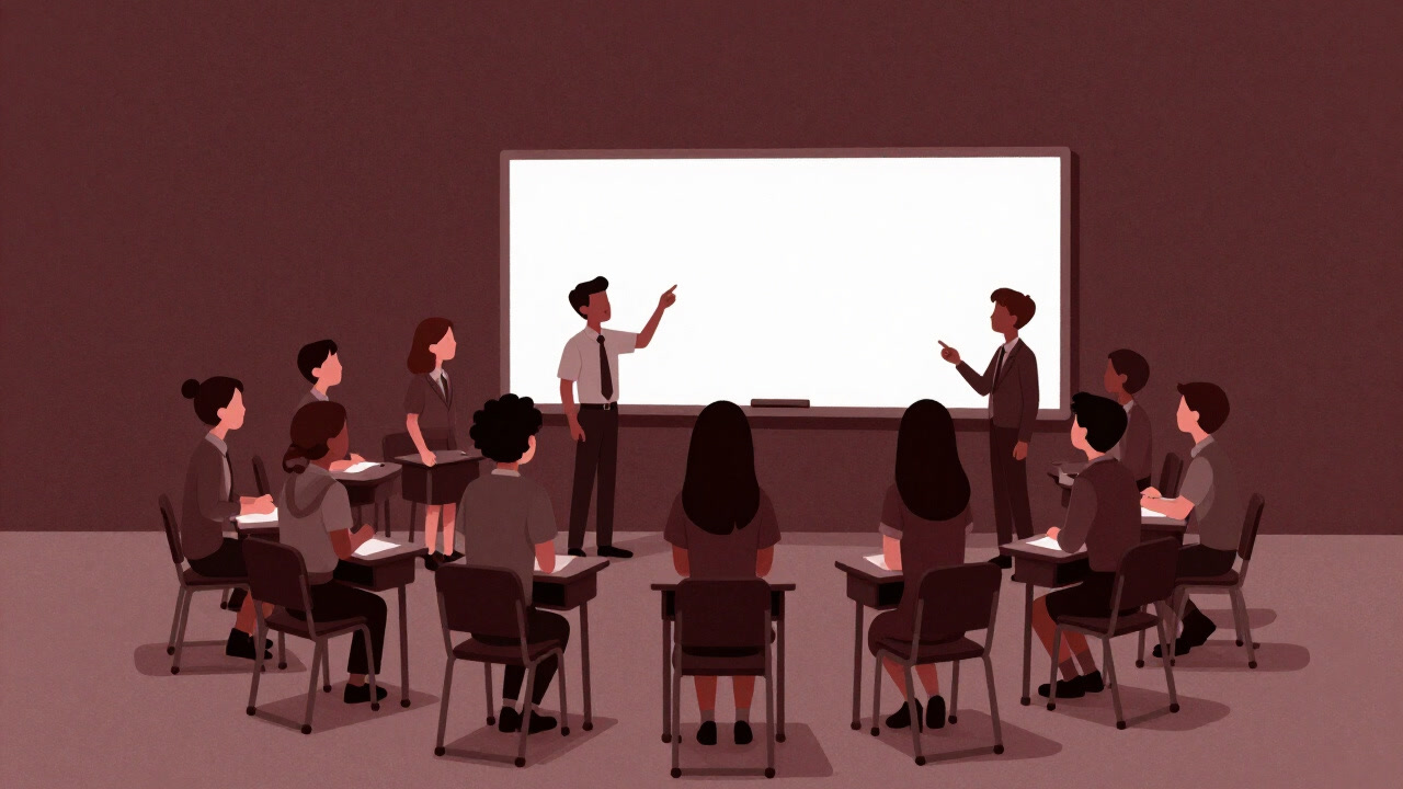 学生たちが教室で輪になり、互いに議論しながらホワイトボードを囲むイラスト