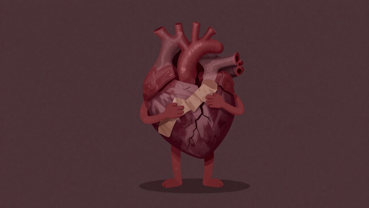 An illustration of a humanoid figure applying patches to a cracked heart