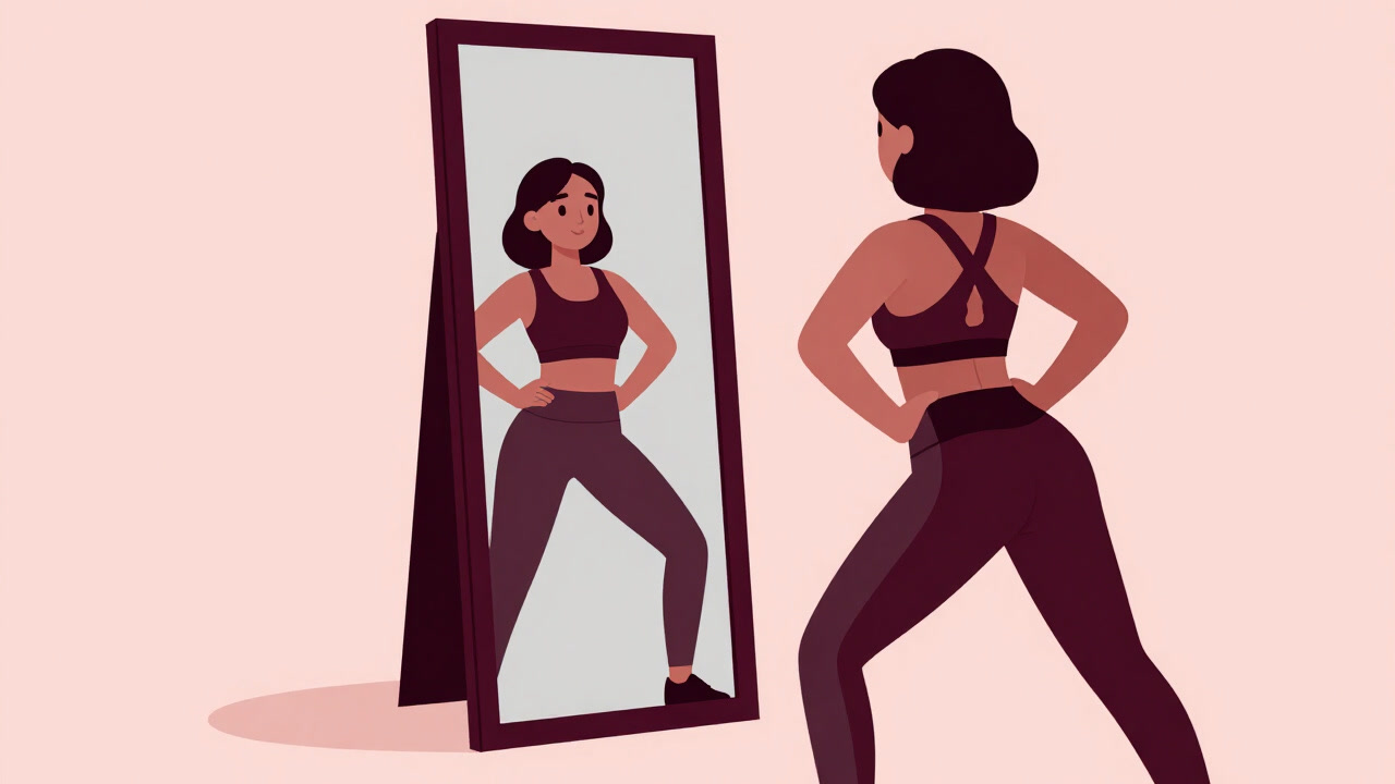 鏡の前でポーズを決めるレギンス姿の人物のシルエット。