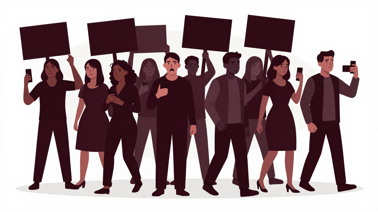 Illustration of protesters marching with placards while live-streaming on their smartphones