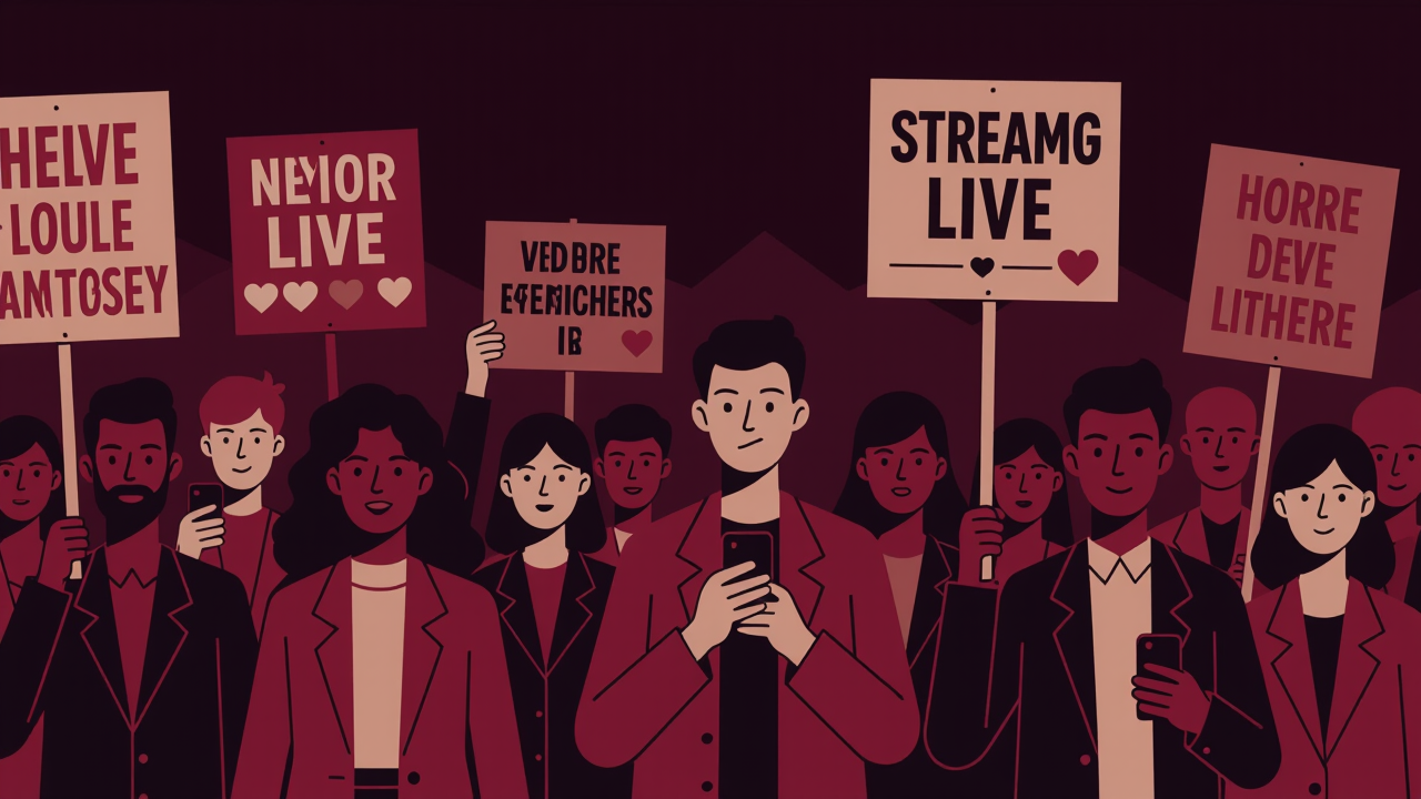 プラカードを掲げ、スマホでライブ配信しながらデモ行進をする人々を描いたイラスト