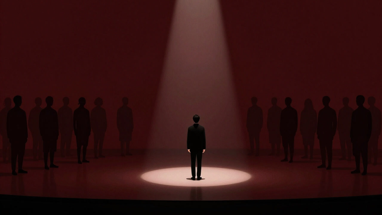 舞台照明の下でスポットを浴びつつ、バックで長い待機列に並ぶ俳優たちのシルエット