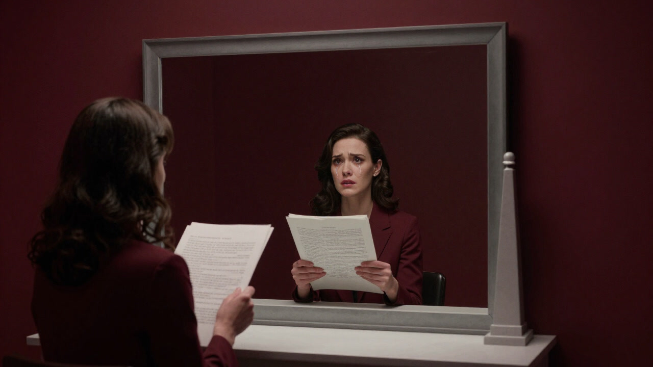 Silhouette of an actress dabbing tears in front of a mirror while clutching a script