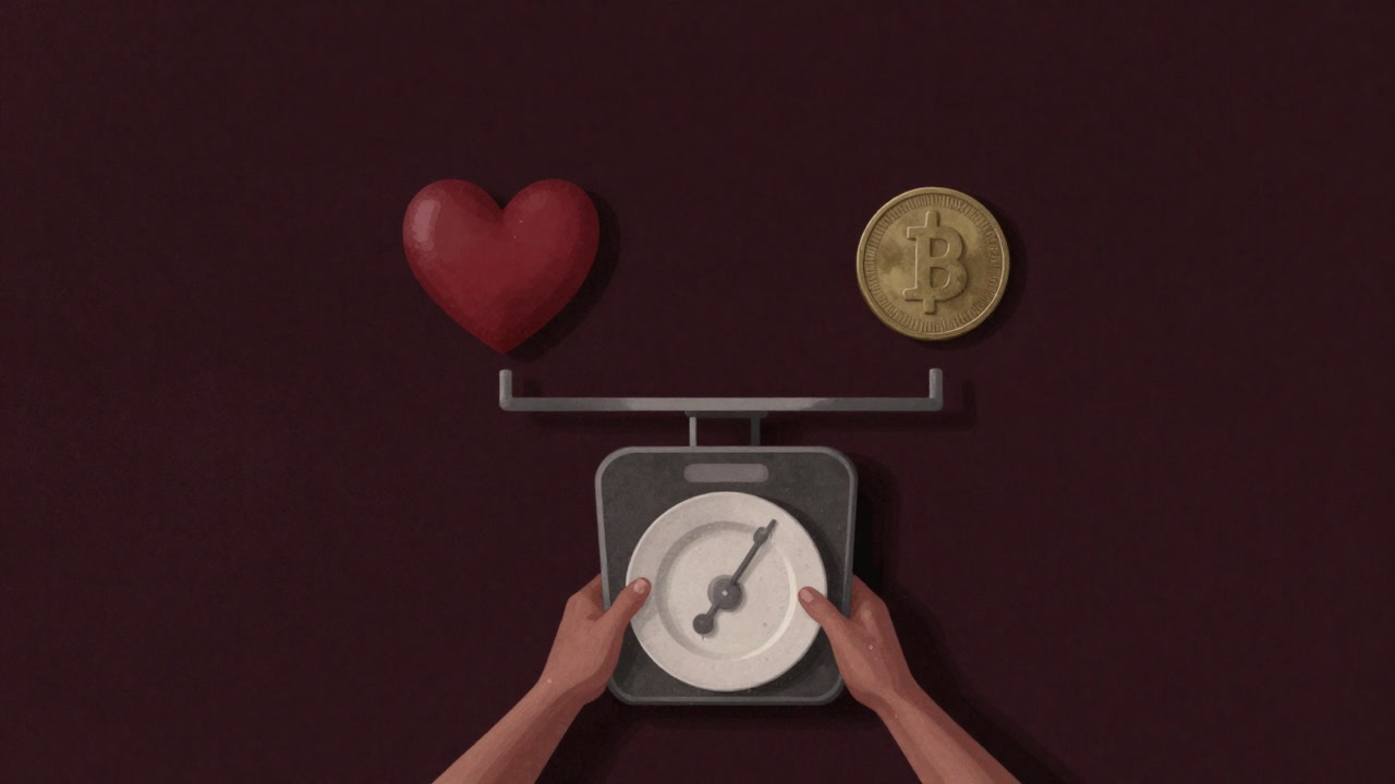 やや暗い背景の中、一心不乱に皿を洗う手と、天秤にかけられたハートとコインが描かれたイラスト