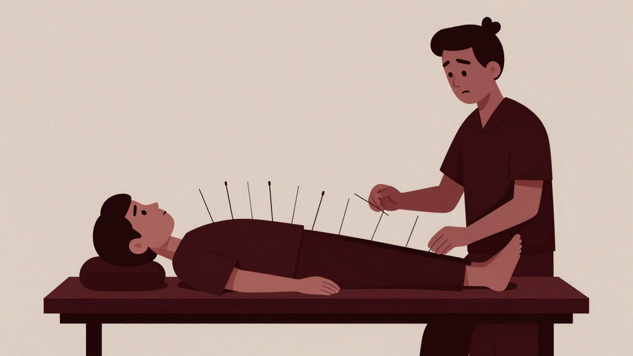 リラックスを装いながら、無数の鍼を身体中に刺されている人物と、無表情な鍼師を描いたイラスト