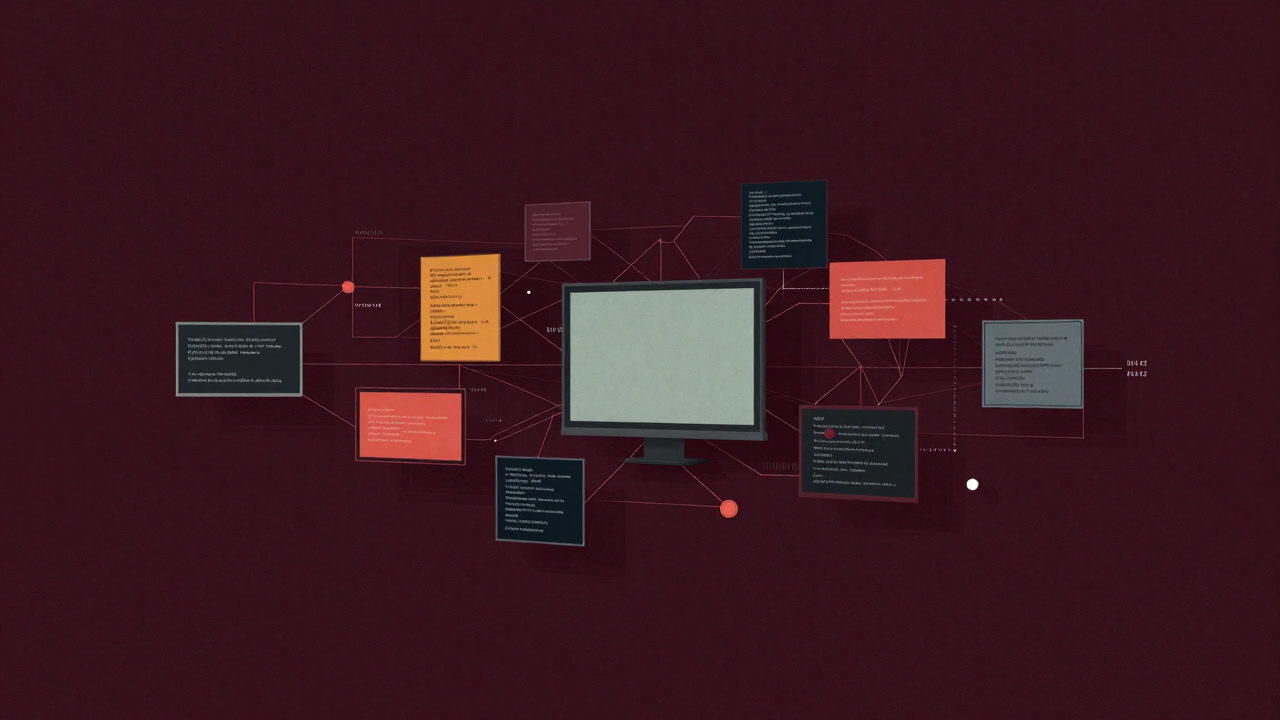 Image of colorful ad banners and code interwoven with virtual network nodes