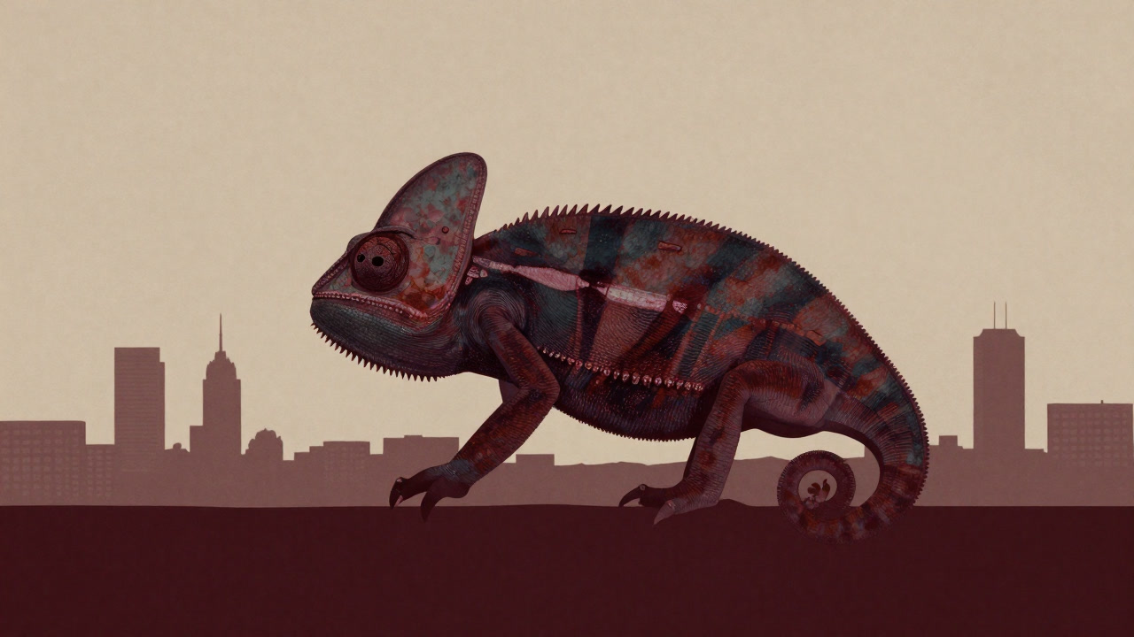 砂漠から都市の高層ビルまで自在にカメレオンのように色を変える人間のシルエット