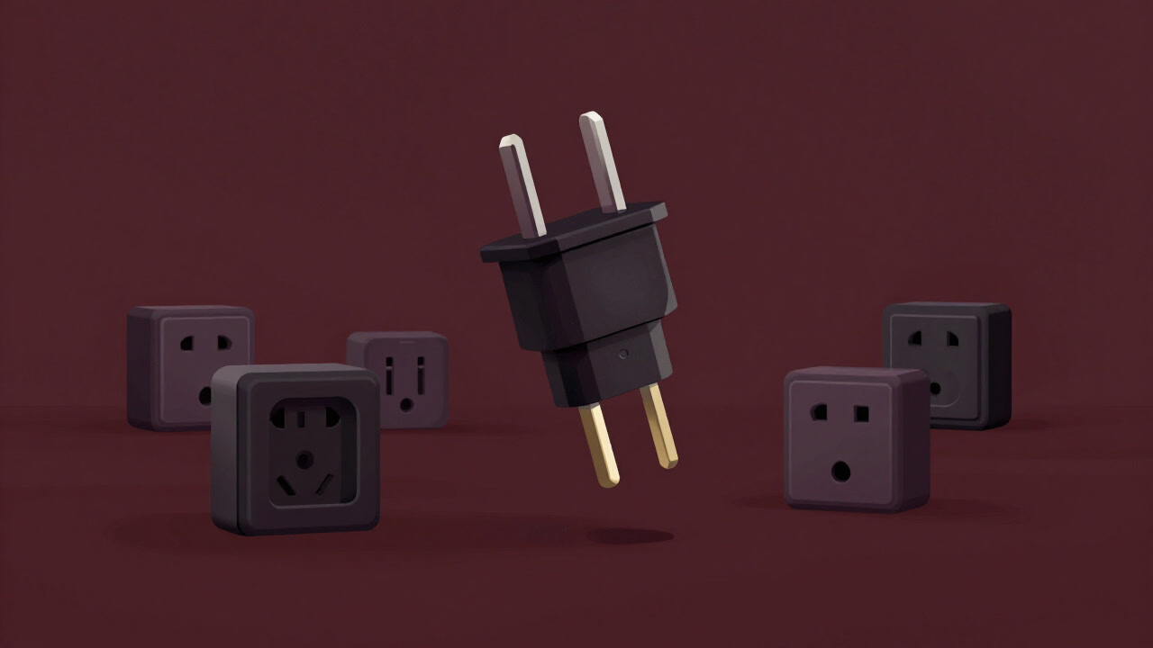 Illustration of an adapter plug floating among various international outlets