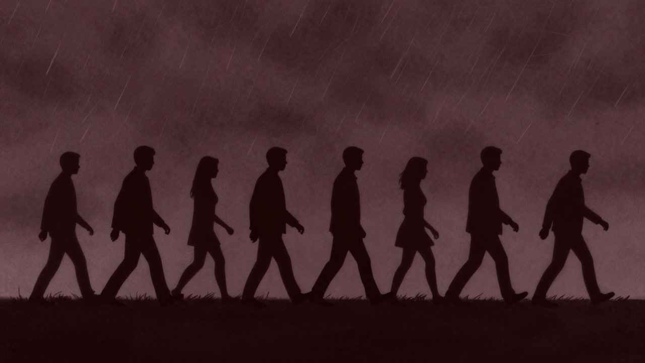 荒れ狂う嵐の中で靴底を擦り合わせながら前進する人々のシルエット