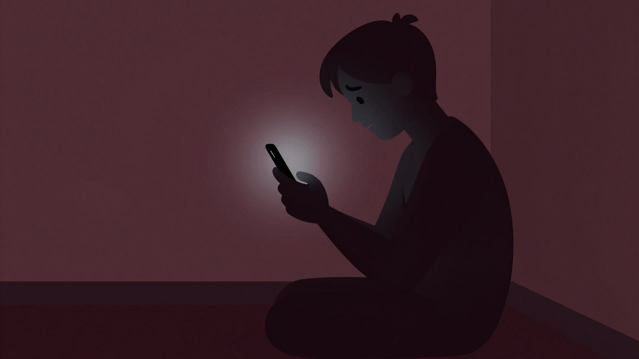 暗闇の中、スマホを手放せずに呻く人影のシルエット