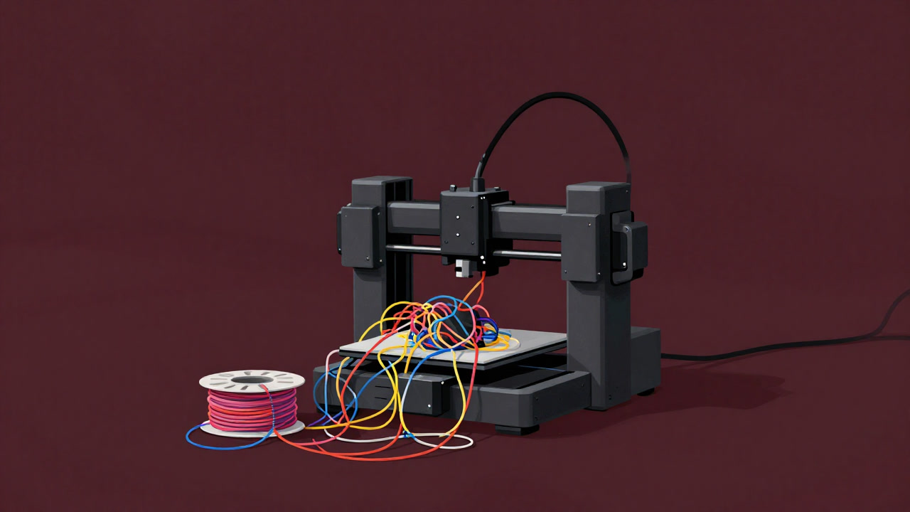 フィラメントの山に埋もれ、完成品が歪む3Dプリンターのイラスト