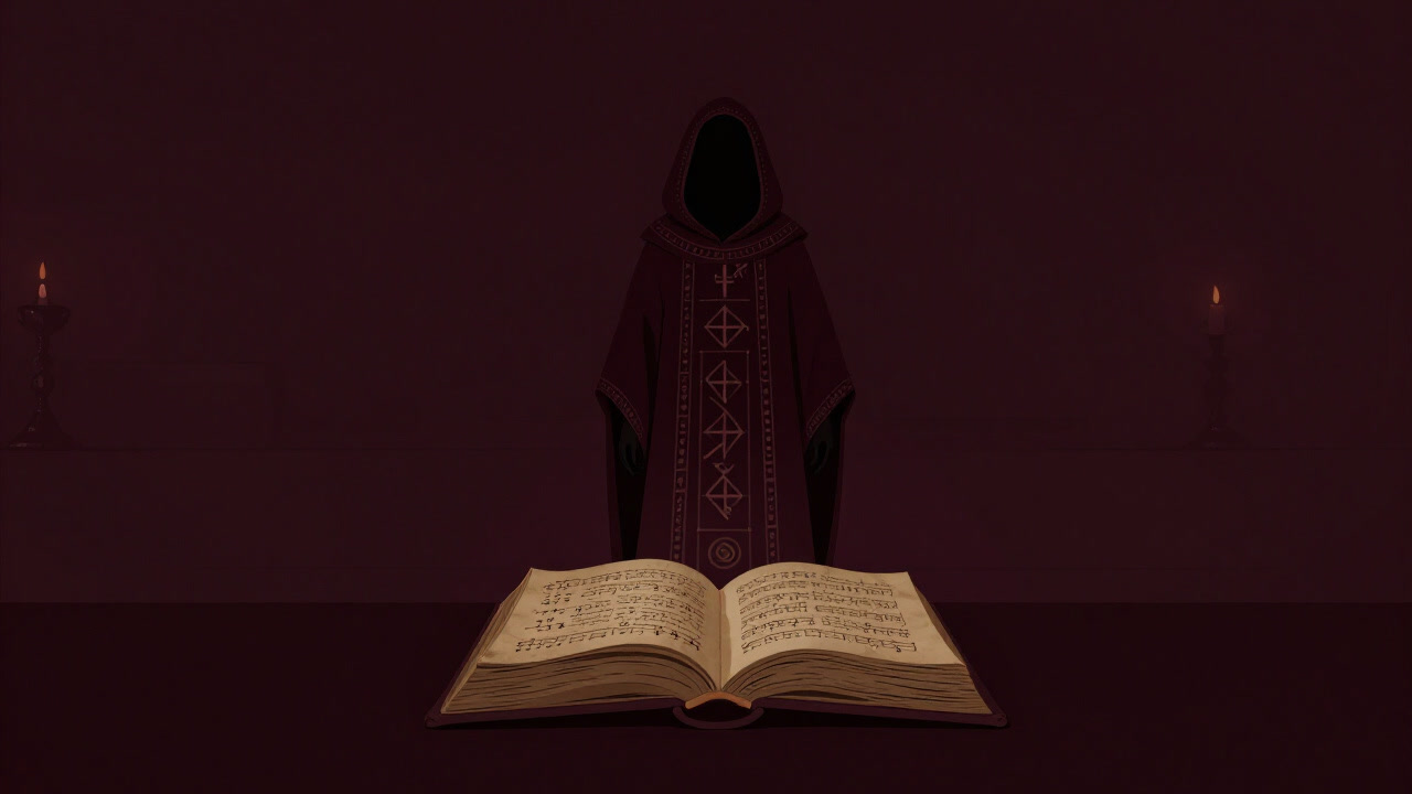 An adept in robes standing before an ancient scroll in a candlelit room